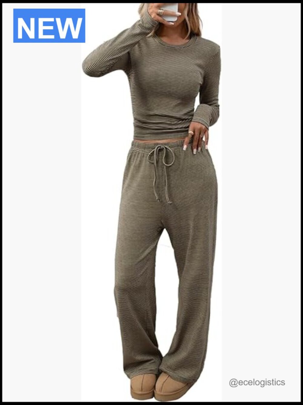 Two Piece Lounge Set Long Sleeve Top Wide Leg Palazzo Pants Striped Fall